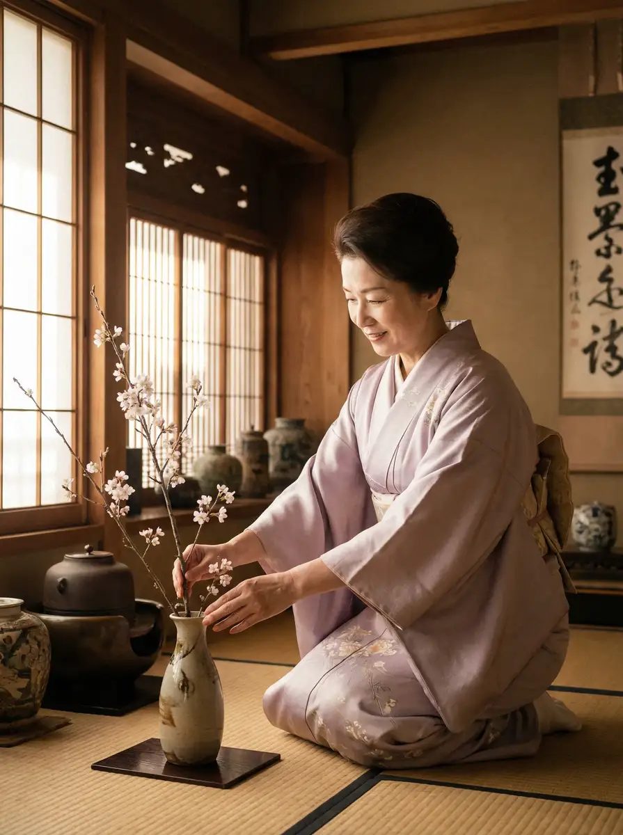 一位优雅的 天马体育平台 在和室中插花