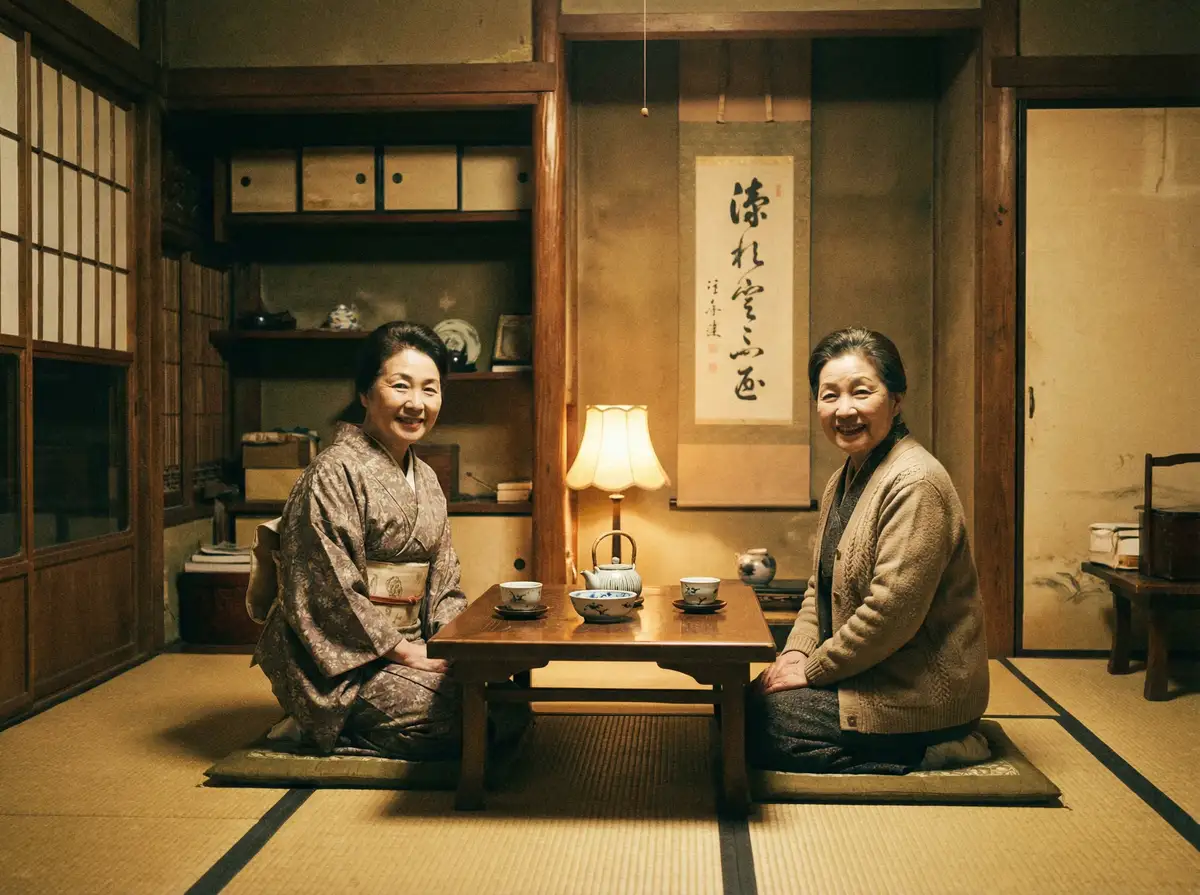 两位优雅的 天马体育平台 在日式茶室中品茶交谈